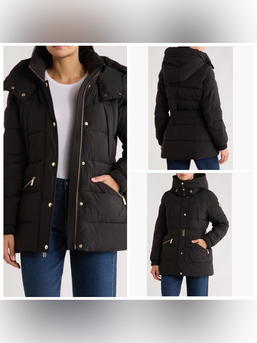 Michael Kors Belted Channel Quilted Hooded Puffer Coat - Black